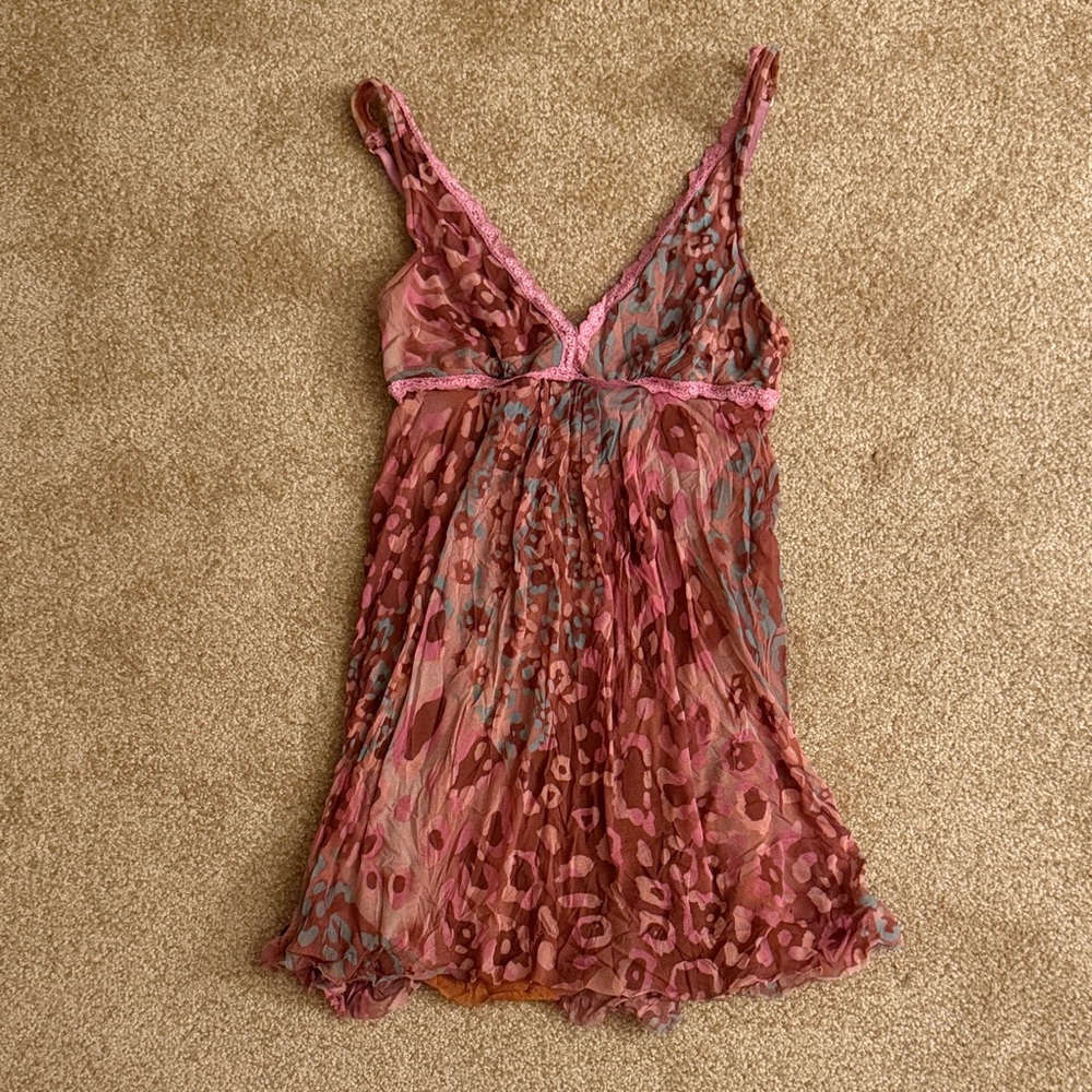 Cosabella Pink and Copper Animal Print Sheer Lace-Trim Chemise Nightgown